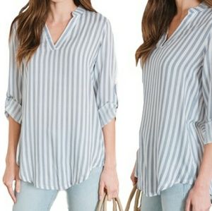 Women's Printed Notch-Neck Roll Tab Blouse.